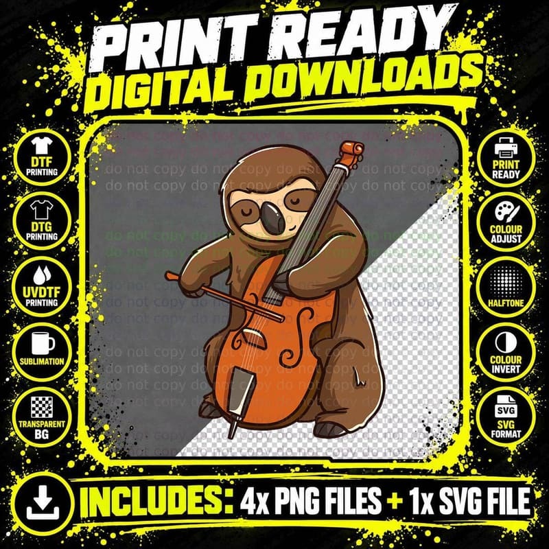 Cellist Sloth Cello Player Orchestra Music Animal Gift Png SVG Digital Bundle