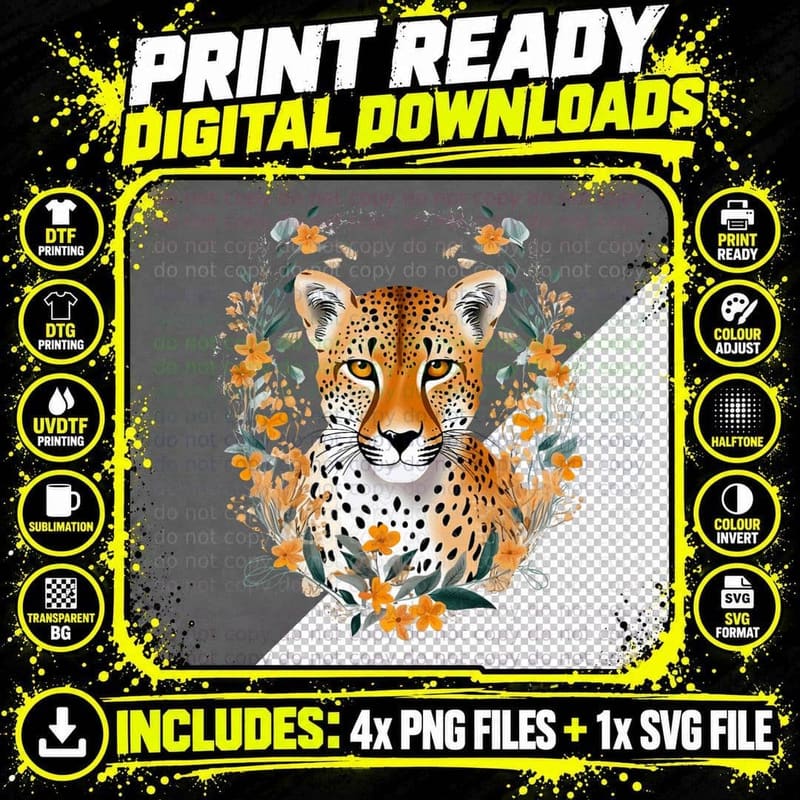 Cheetah Face Animal Print Big Cat Wildlife Flowers Png SVG Digital Bundle
