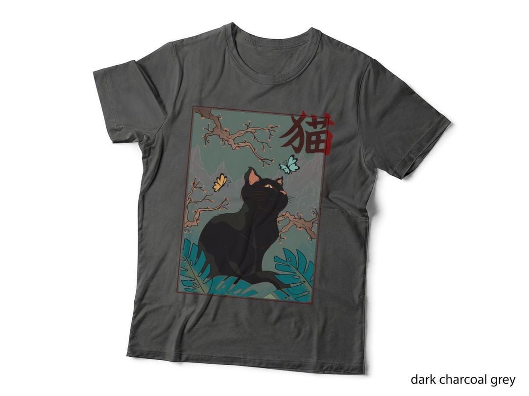 Cherry Blossom Cat Vintage Woodblock Japanese Graphical Art T-Shirt