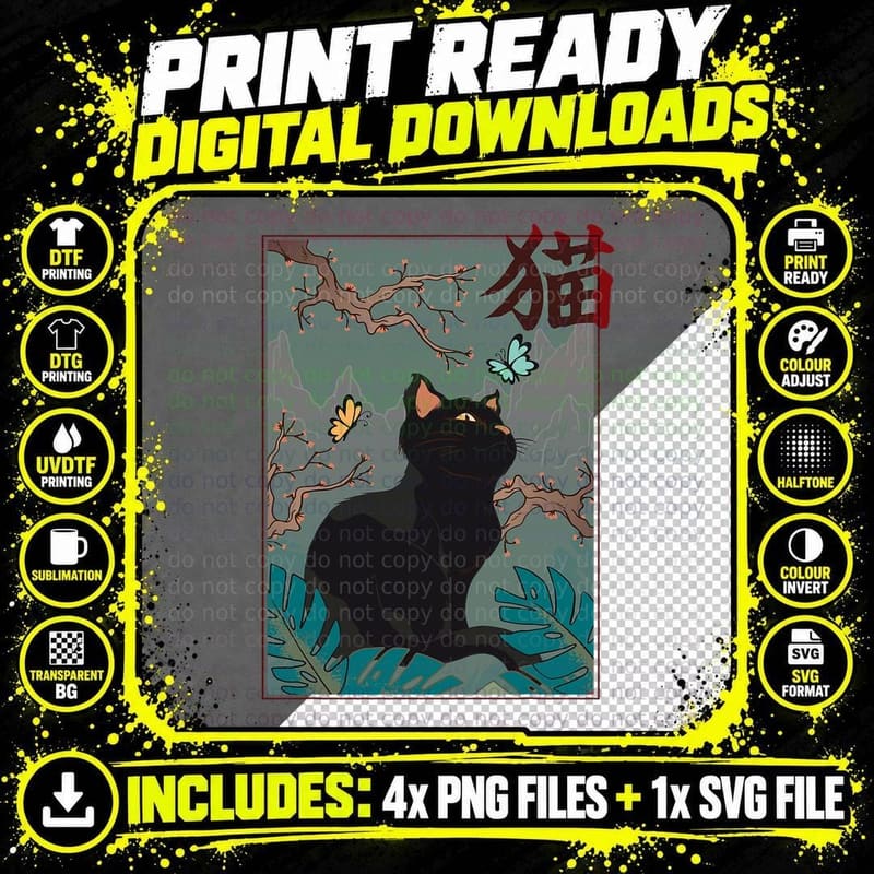 Cherry Blossom Cat Vintage Woodblock Japanese Graphical Png SVG Digital Bundle