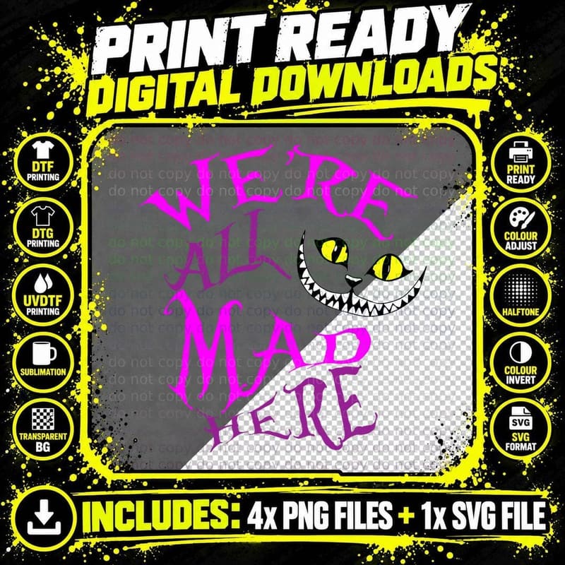 Cheshire Cat - We're All Mad Here, Alice in Wonderland Png SVG Digital Bundle
