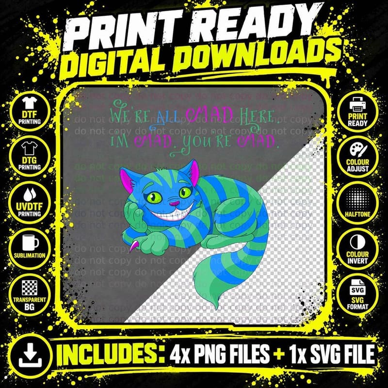 Cheshire Cat We're All Mad Here Alice in Wonderland Png SVG Digital Bundle