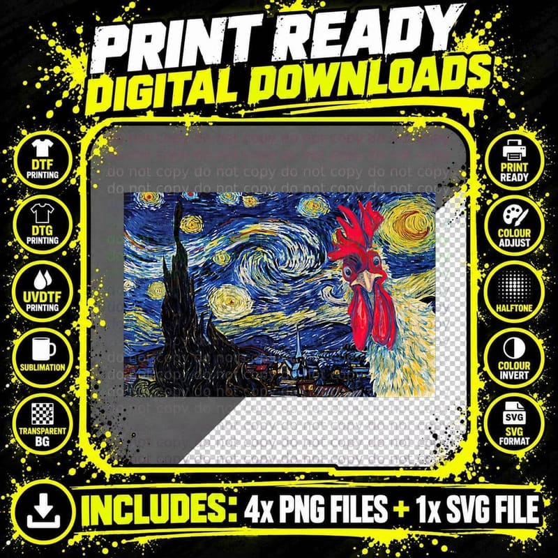 Chicken Starry Night Van Gogh Lover Painting Art Rooster Png SVG Digital Bundle