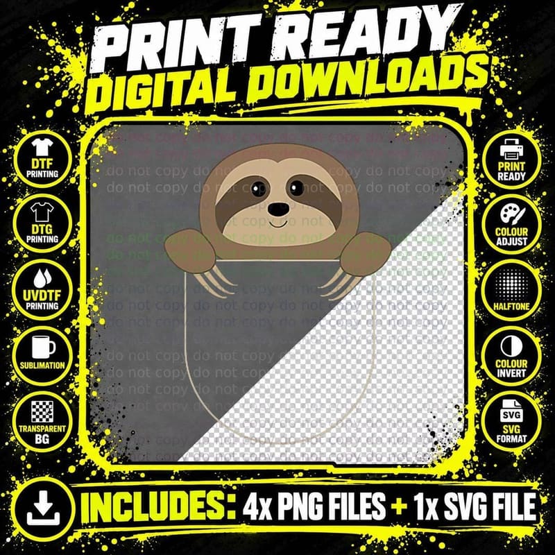 Chillin Sloth Pocket T-Shirt, Funny Sloth in Your Pocket Png SVG Digital Bundle