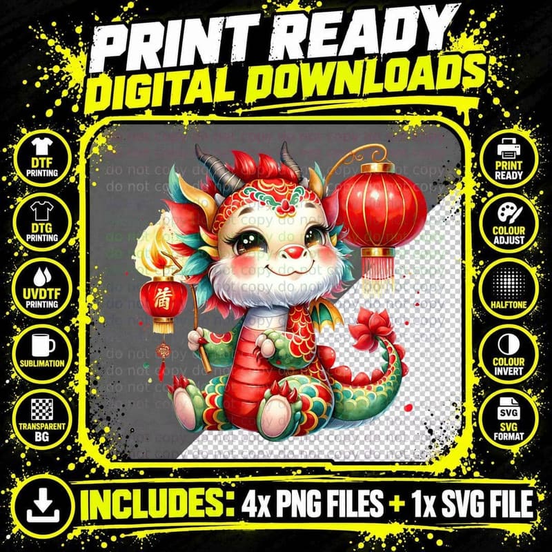 Chinese Dragon Holding Lanterns Lunar New Year T-Shirt Png SVG Digital Bundle