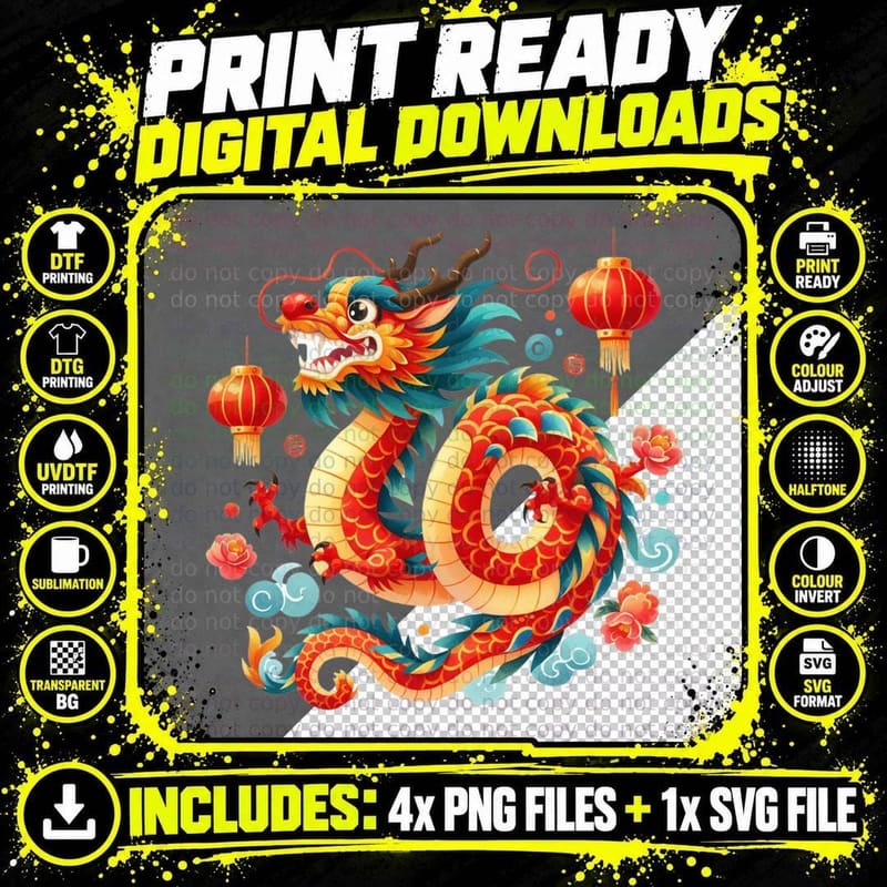Chinese Dragon Lanterns Flowers Lunar New Year T-Shirt Png SVG Digital Bundle