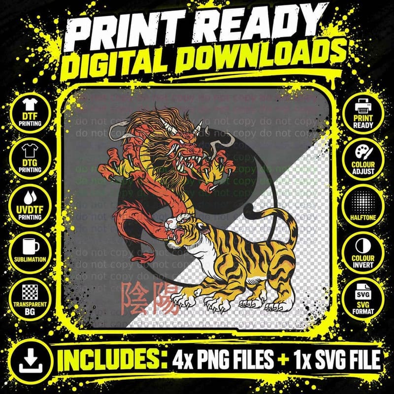 Chinese Dragon Tiger Yin Yang, Asian Art, Mystical Png SVG Digital Bundle