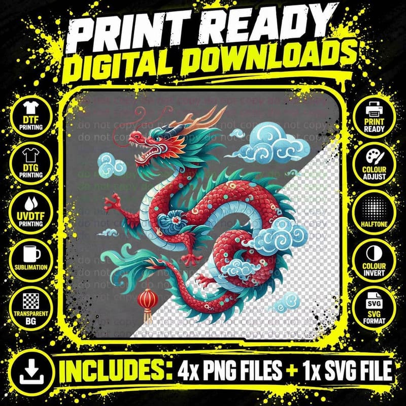 Chinese Dragon in Clouds Lunar New Year T-Shirt Png SVG Digital Bundle