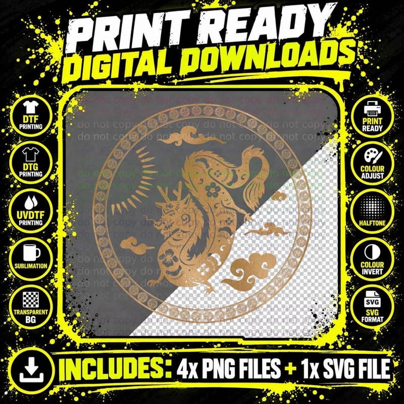 Chinese Gold Dragon Artwork, Mythical, Oriental Style Png SVG Digital Bundle