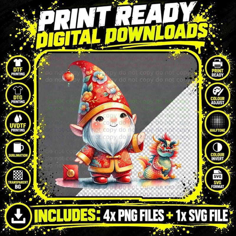 Chinese New Year Gnome with Dragon Lunar New Year T-Shirt Png SVG Digital Bundle