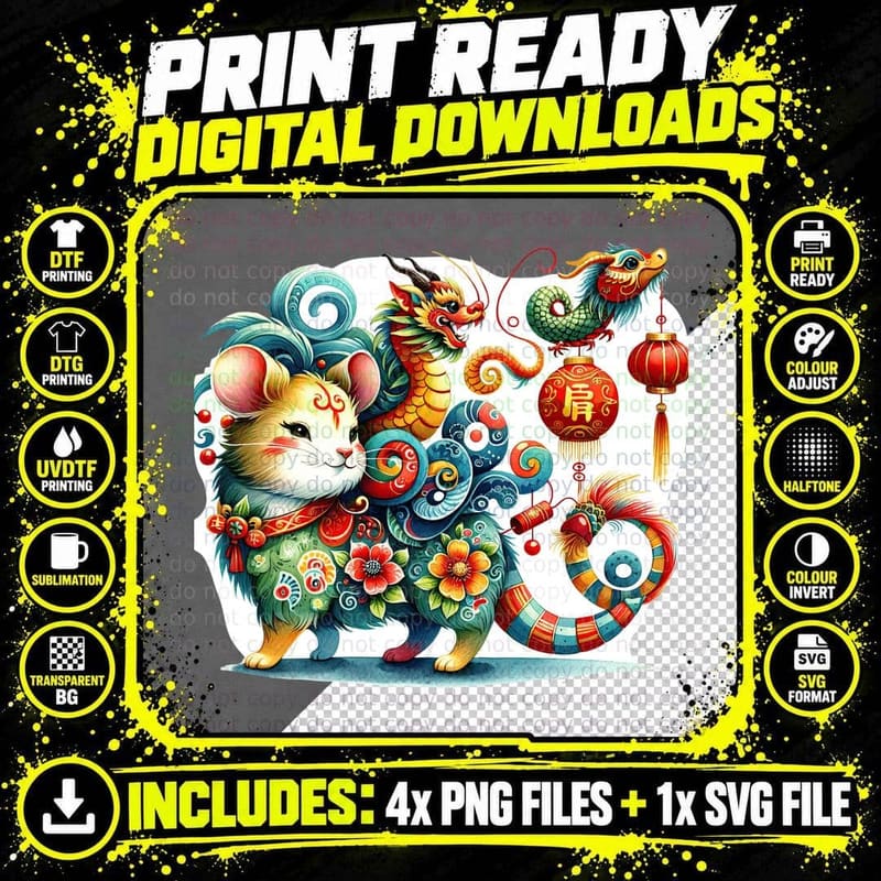 Chinese New Year Mouse Dragon Lanterns Lunar New Year Png SVG Digital Bundle