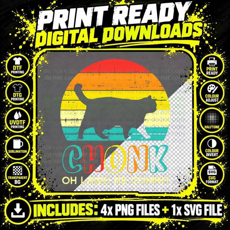 Chonk Fat Cat Meme Sunset Funny Black Kitten Men Women Png SVG Digital Bundle