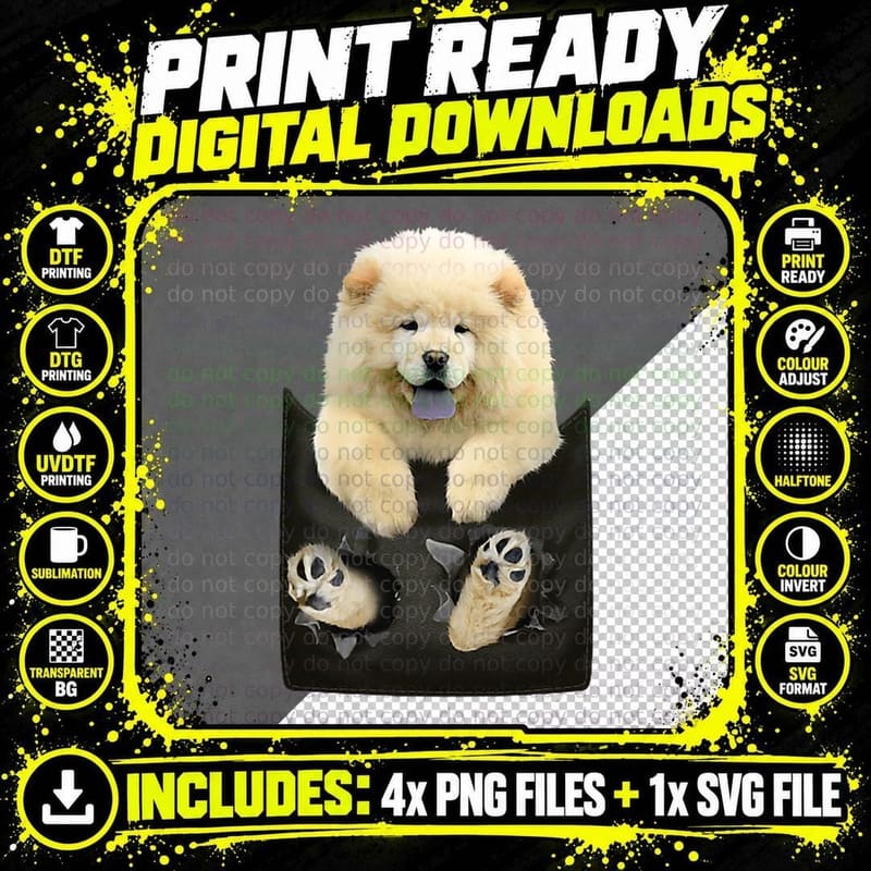 Chow in Pocket, Dog Lover Gift, Pet Owner, Cute Animal Png SVG Digital Bundle
