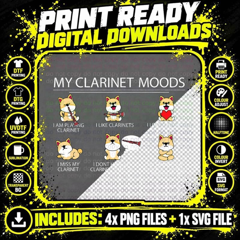 Clarinet Player Shiba Inu Dog Musician Kids Clarinet Png SVG Digital Bundle