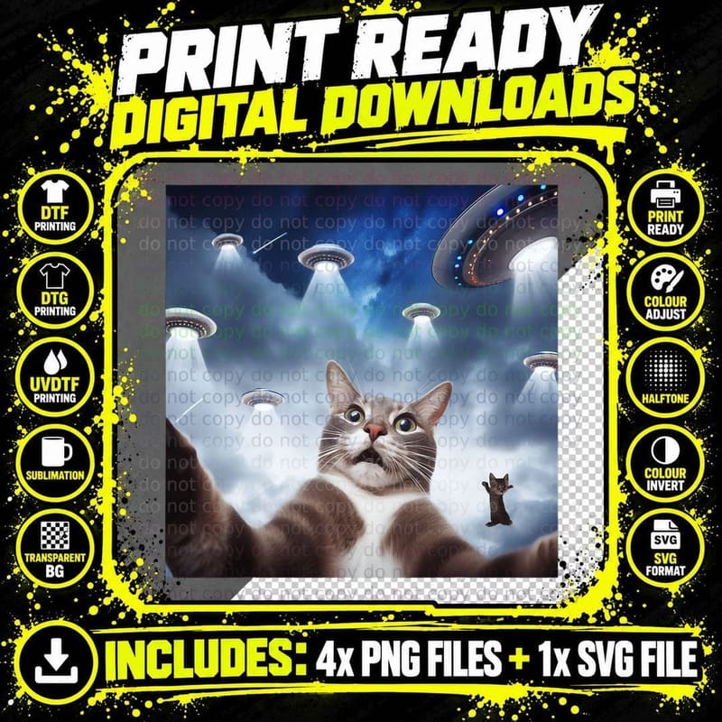 Classic Funny Alien Cat UFO, Space Themed Png SVG Digital Bundle