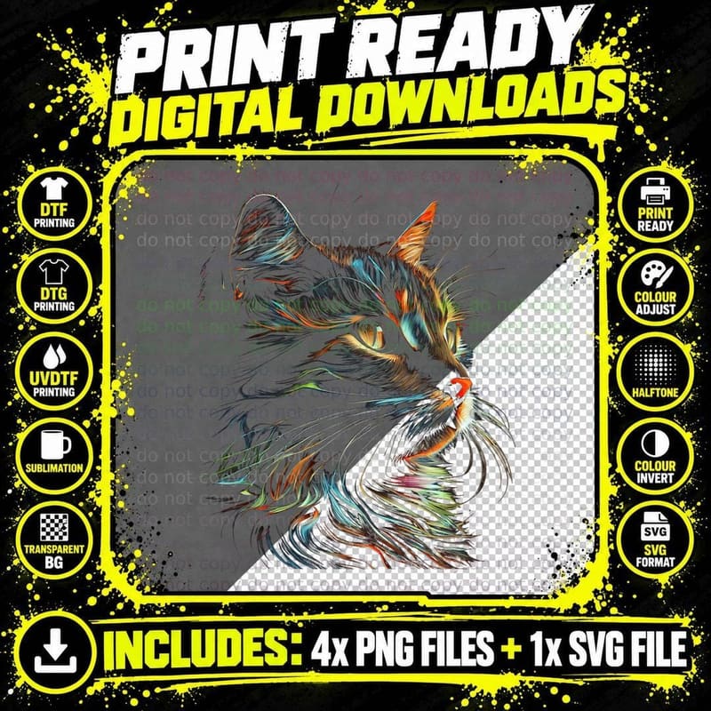 Colorful Cat Cats Lover Graphic Tees Men Women Boys Png SVG Digital Bundle