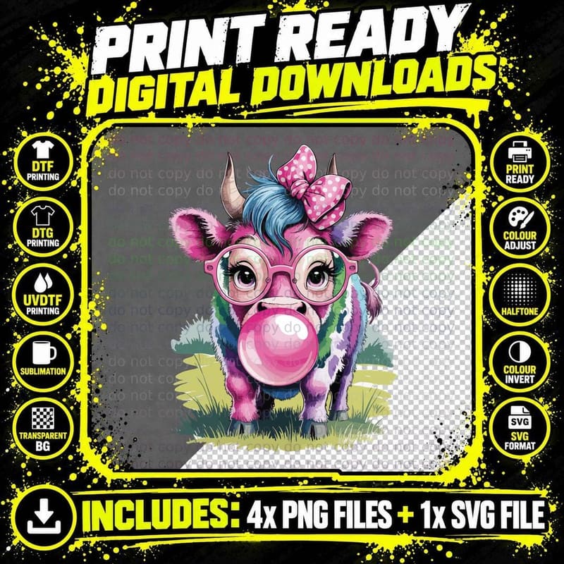 Colorful Cow Blowing Bubblegum Sarcastic Animal T-Shirt Png SVG Digital Bundle