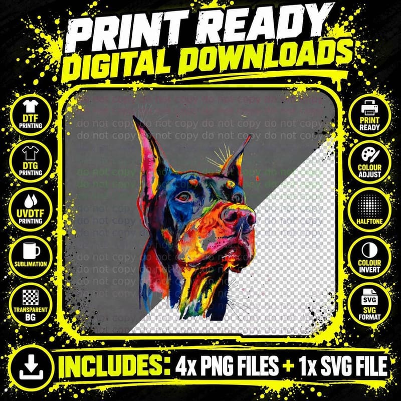 Colorful Doberman Dog Love-R Dad Mom Png SVG Digital Bundle