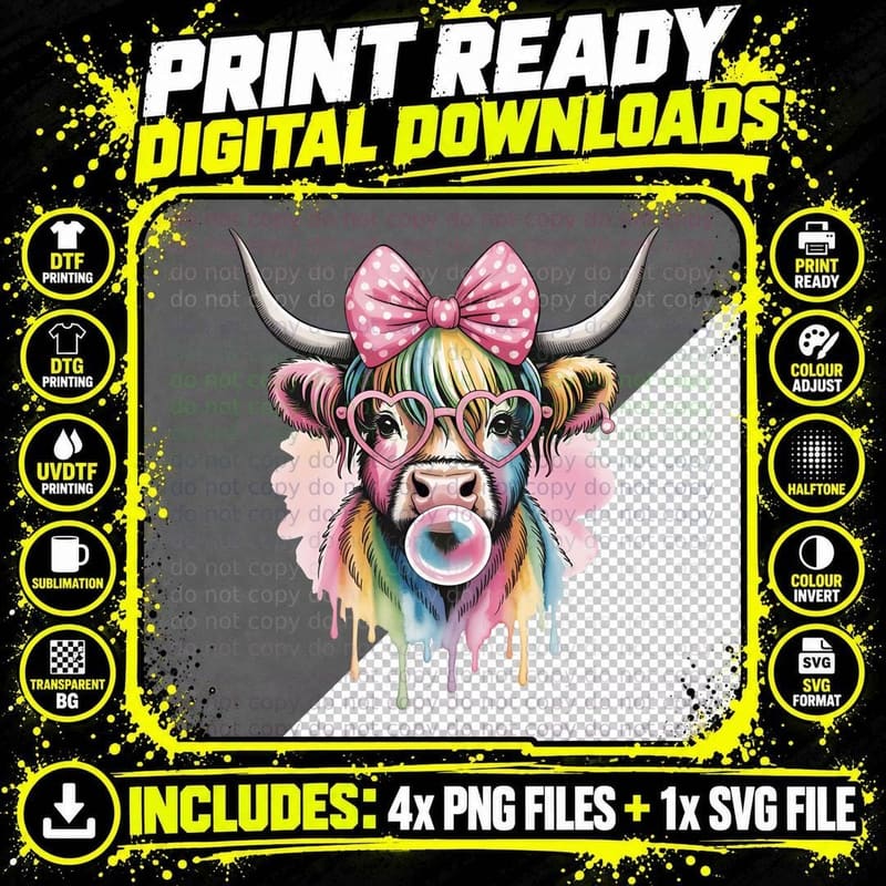 Colorful Highland Cow Blowing Bubblegum Highland Cow Png SVG Digital Bundle
