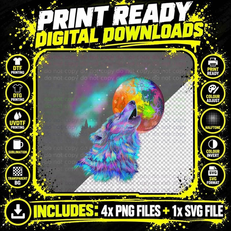 Colorful Rainbow Psychedelic Trippy Howling at Moon Wolf Png SVG Digital Bundle