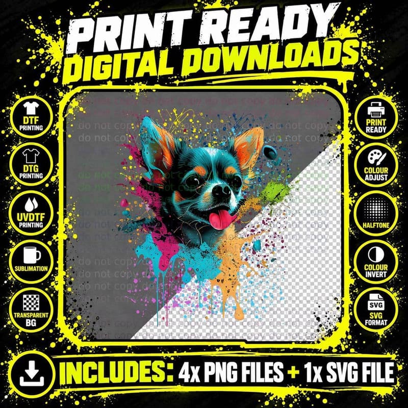 Colorful Splash Art Chihuahua Portrait Puppy Owner Png SVG Digital Bundle