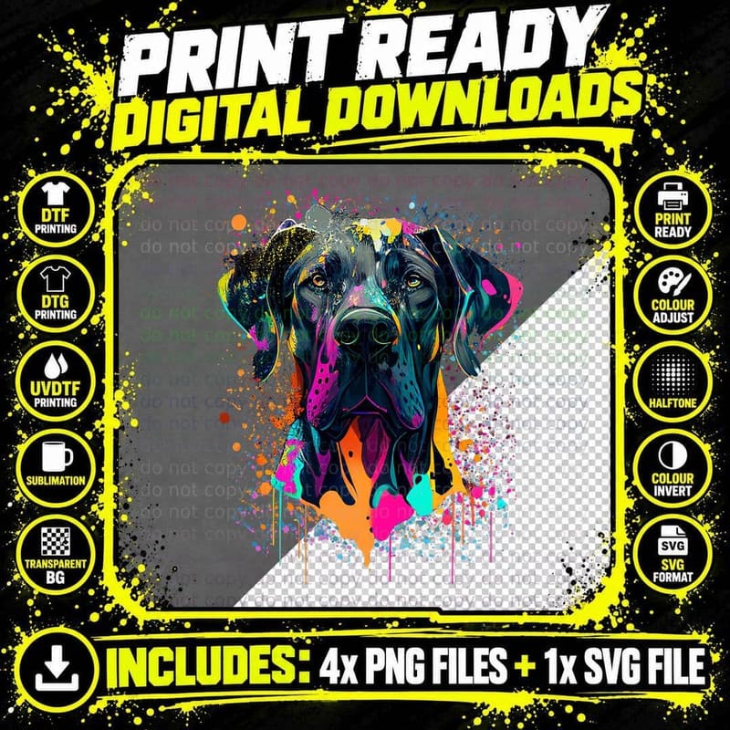 Colorful Splash Art Great Dane Portrait Puppy Owner Png SVG Digital Bundle