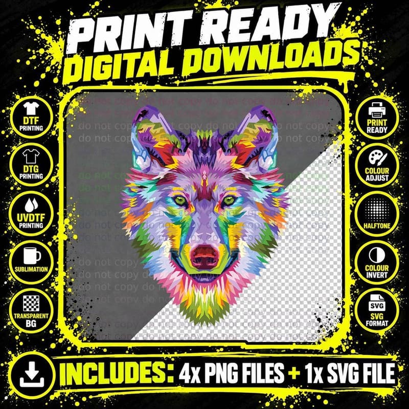Colorful Wolf Head Art Face Gifts for Lover Wolves Png SVG Digital Bundle
