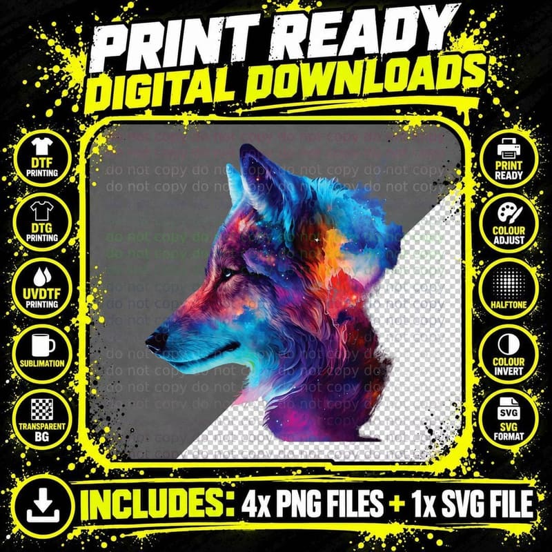 Colorful Wolf Head Art Face for Lover Wolves Wildlife Png SVG Digital Bundle