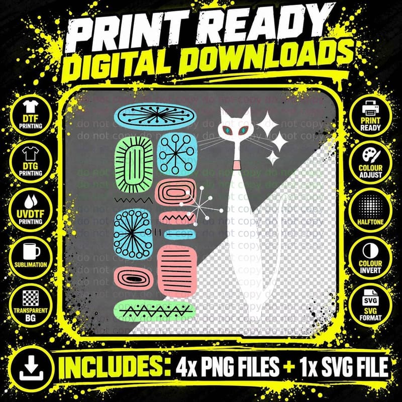 Cool Cat & Mid Century Modern Designs, Retro Style Png SVG Digital Bundle