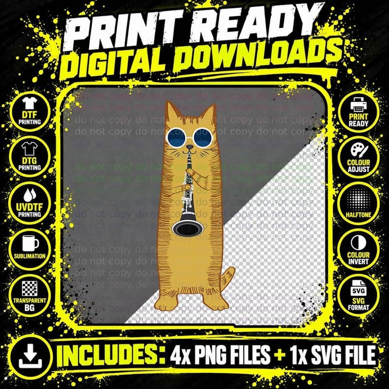 Cool Cat Playing the Clarinet Design Hippy Hipster Kitty Png SVG Digital Bundle