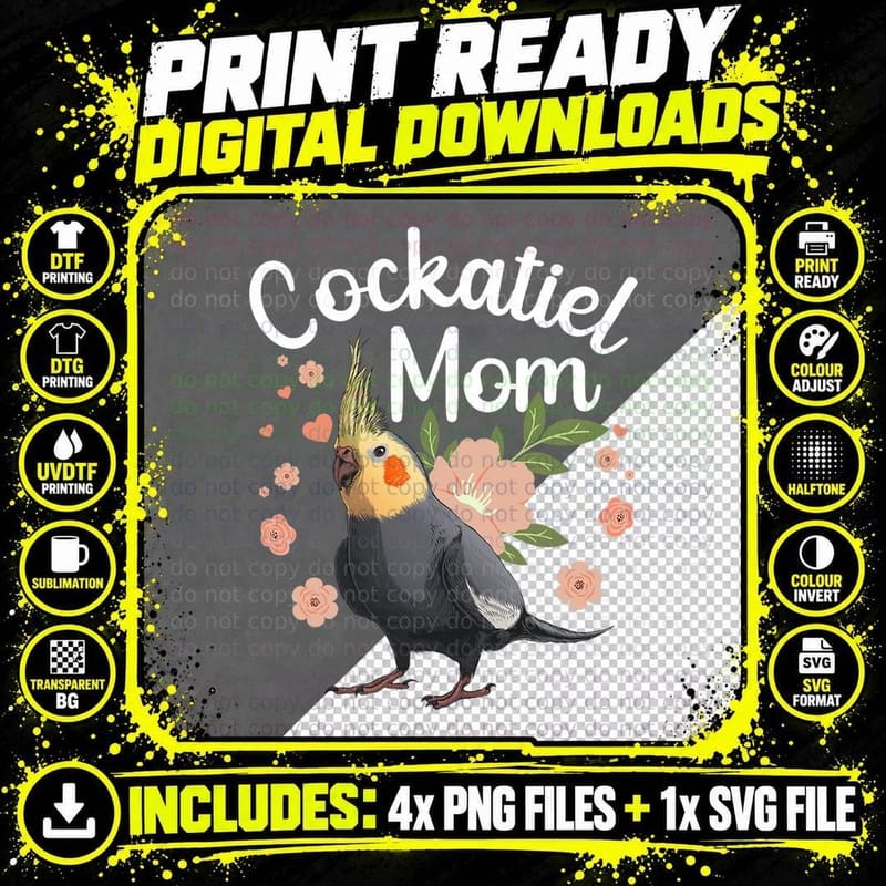 Cool Cockatiel Art for Mom Women Parrot Parakeet Bird Png SVG Digital Bundle