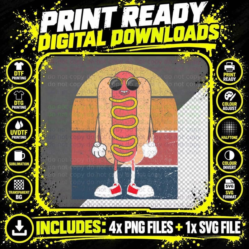 Cool Hot Dog Fast Food Sunglasses Weiner Foodie Retro Png SVG Digital Bundle