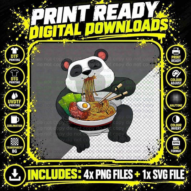 Cool Panda Eating Ramen Art for Men Women Japanese Png SVG Digital Bundle