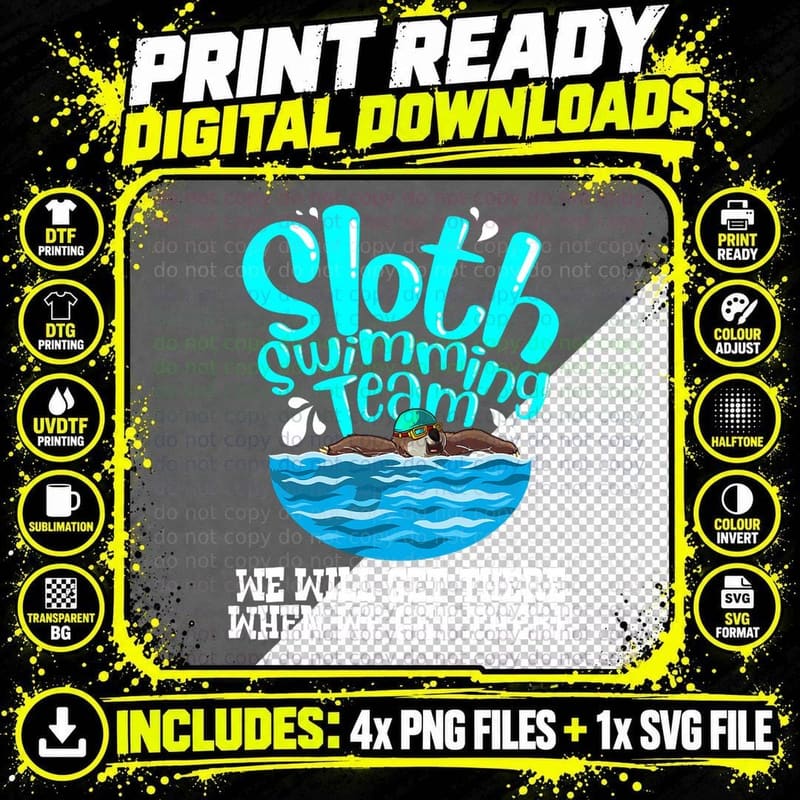 Cool Sloth Swimming Team Funny Animal Swimmer Squad Gift Png SVG Digital Bundle