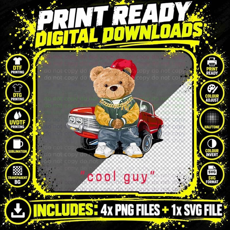 Cool Teddy Bear Vintage Car Guy Cartoon Graphic Designs Png SVG Digital Bundle