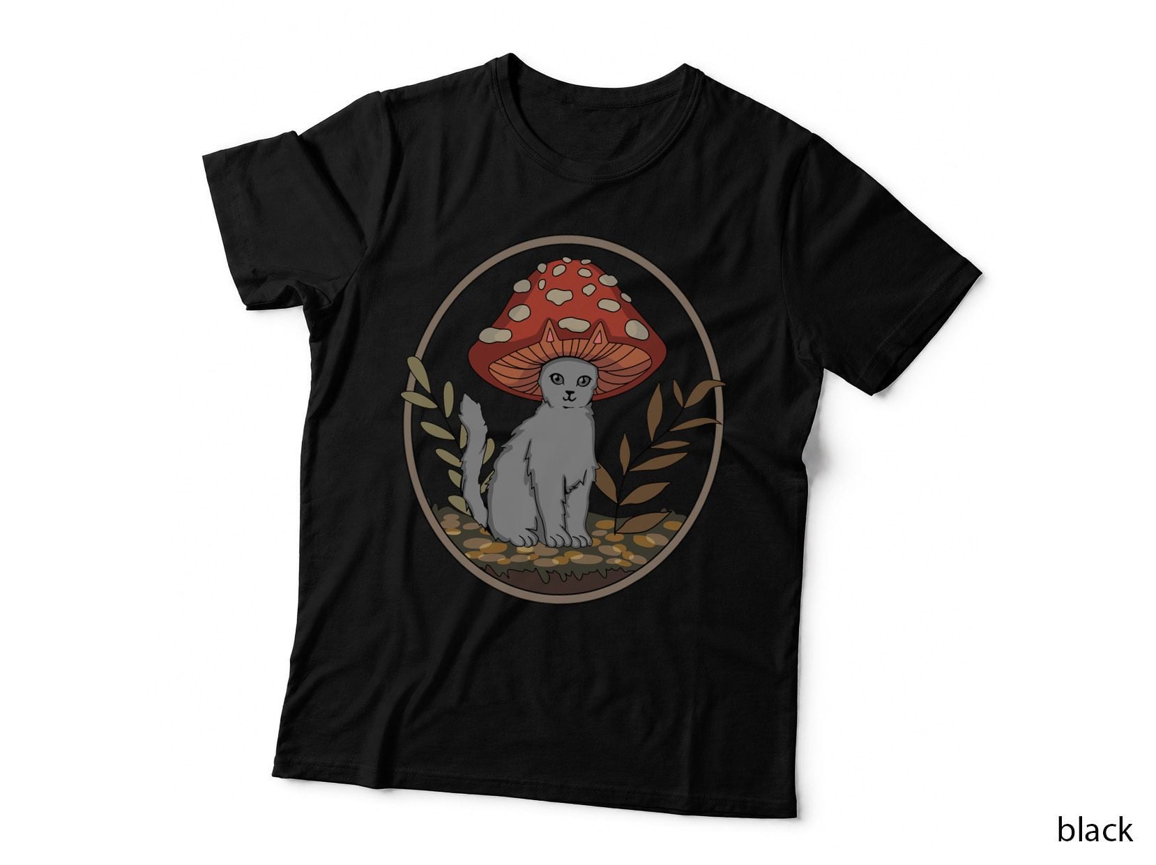 Cottagecore Aesthetic Cat with Mushroom Hat, Cozy Farmhouse Style T-Shirt
