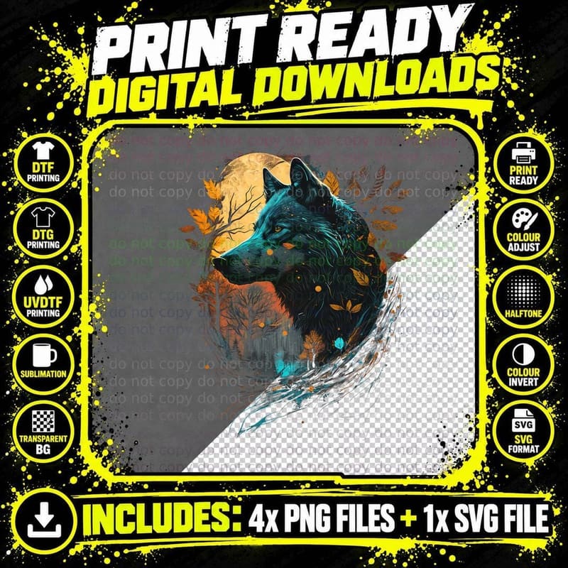Cottagecore Wolf Cool Wolves, Boho Nature Style Png SVG Digital Bundle