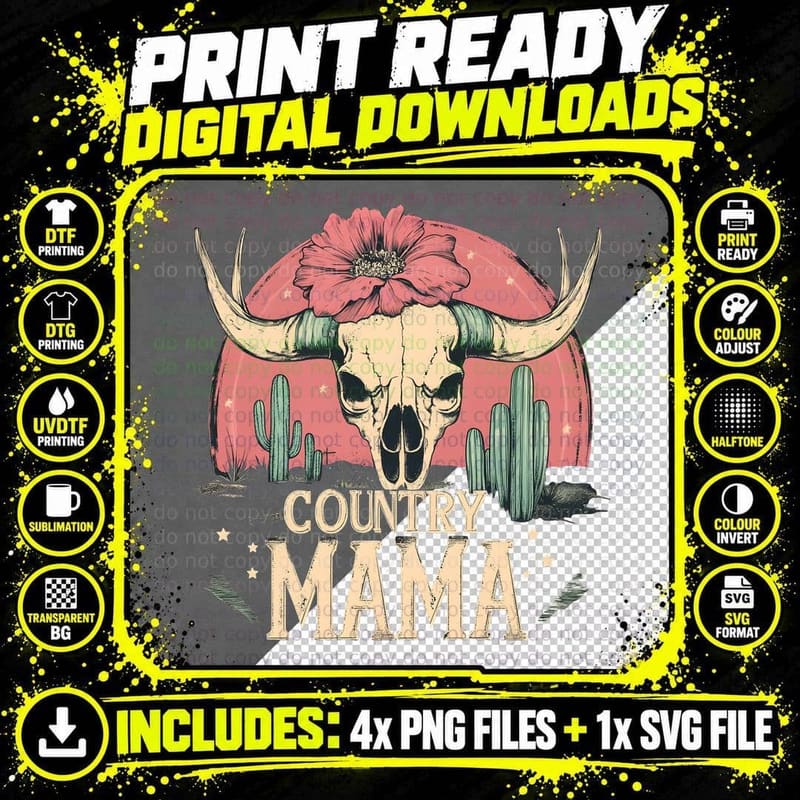 Country Mama Mom T-Shirt, Cow Skull with Flower Cacti Png SVG Digital Bundle