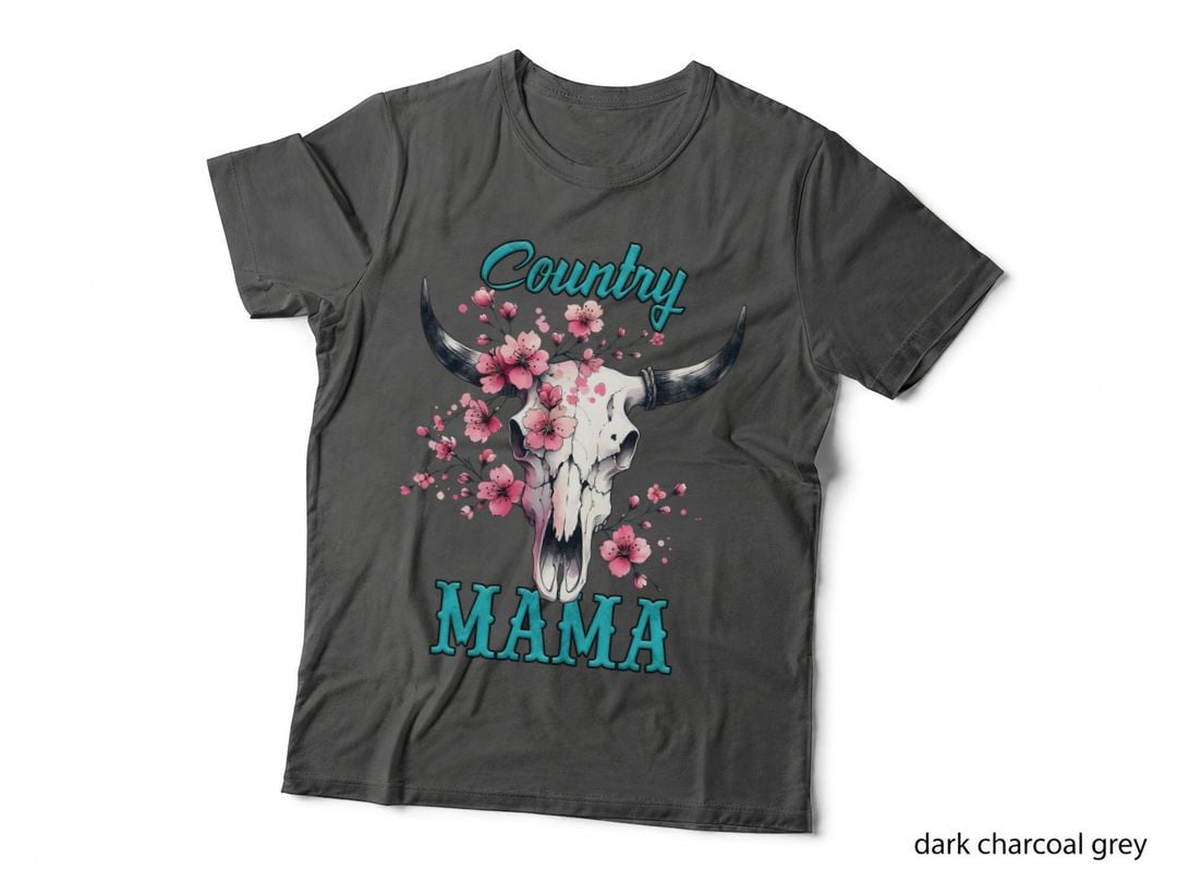 Country Mama Mothers Day T-Shirt, Cow Skull Adorned with Pink Blossoms Graphic