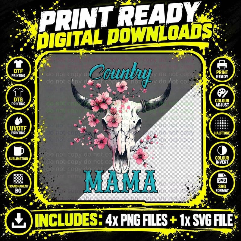 Country Mama Mothers Day T-Shirt, Cow Skull Adorned with Png SVG Digital Bundle