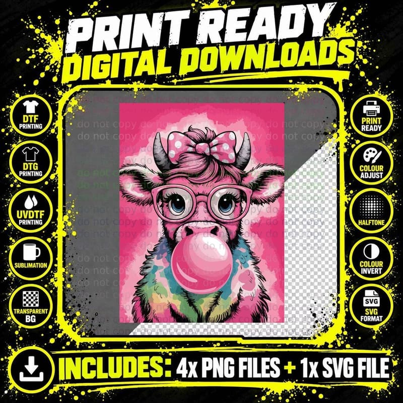 Cow Blowing Bubblegum with Glasses Sarcastic Animal Png SVG Digital Bundle