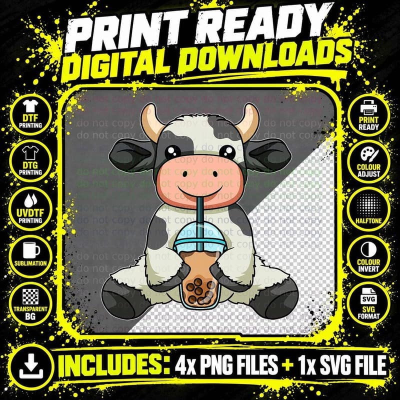 Cow Drinking Bubble Tea Cute Animals with Boba Tea Png SVG Digital Bundle