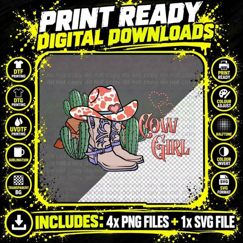 Cow Girl Western T-Shirt, Cowgirl Boots with Cacti Png SVG Digital Bundle