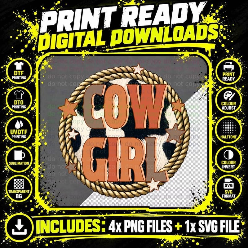 Cow Girl Western T-Shirt, Cowgirl-Themed Rope Border Png SVG Digital Bundle