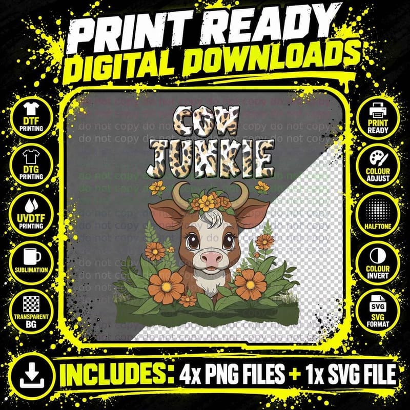 Cow Junkie Highland Cow T-Shirt, Cow Surrounded by Png SVG Digital Bundle