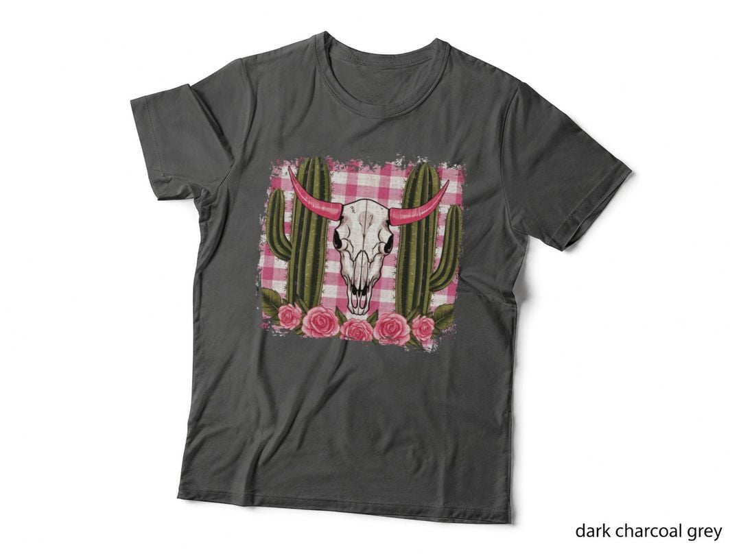 Cow Skull Cacti Roses Plaid Background Western T-Shirt, Western Graphic Tee