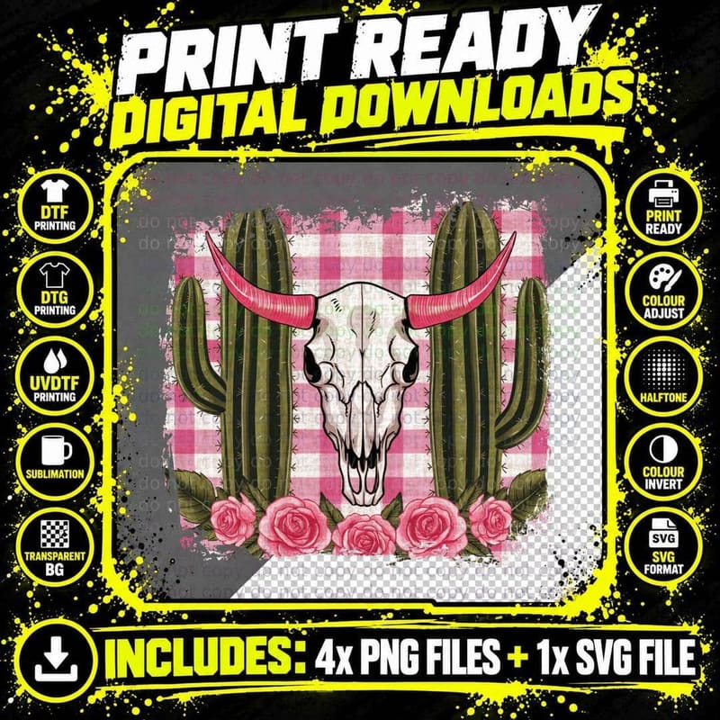 Cow Skull Cacti Roses Plaid Background Western T-Shirt Png SVG Digital Bundle