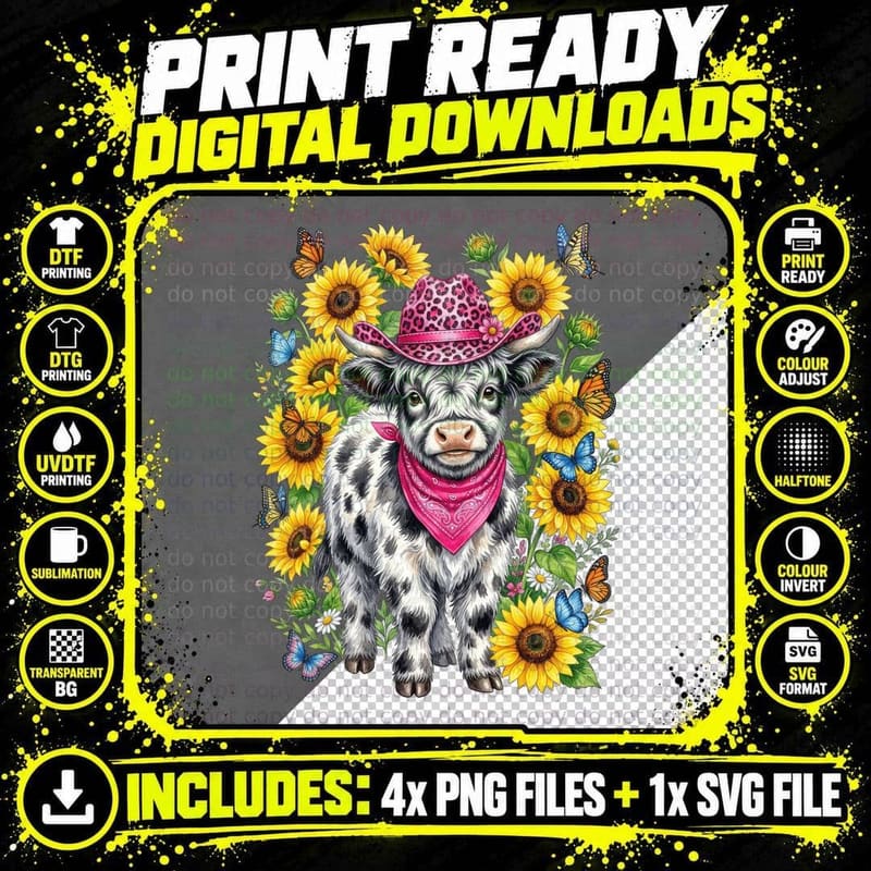 Cow in Cowboy Hat with Sunflowers Western T-Shirt Png SVG Digital Bundle