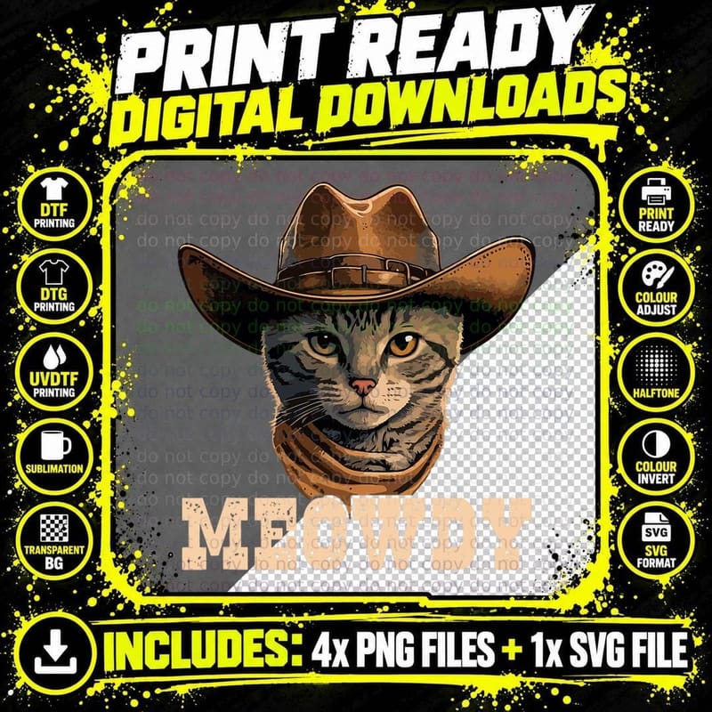 Cowboy Cat Meowdy, Western Cat, Country Style, Farmhouse Png SVG Digital Bundle