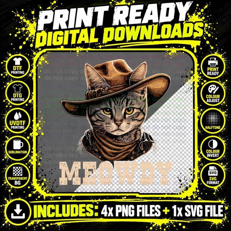 Cowboy Cat Meowdy, Western Cat, Funny Animal Png SVG Digital Bundle
